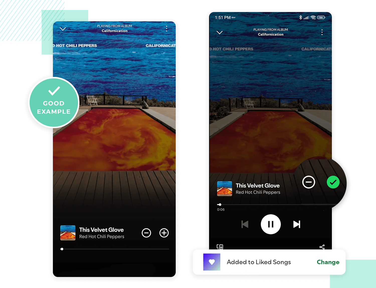 Music app with intuitive design showing song being added to liked songs