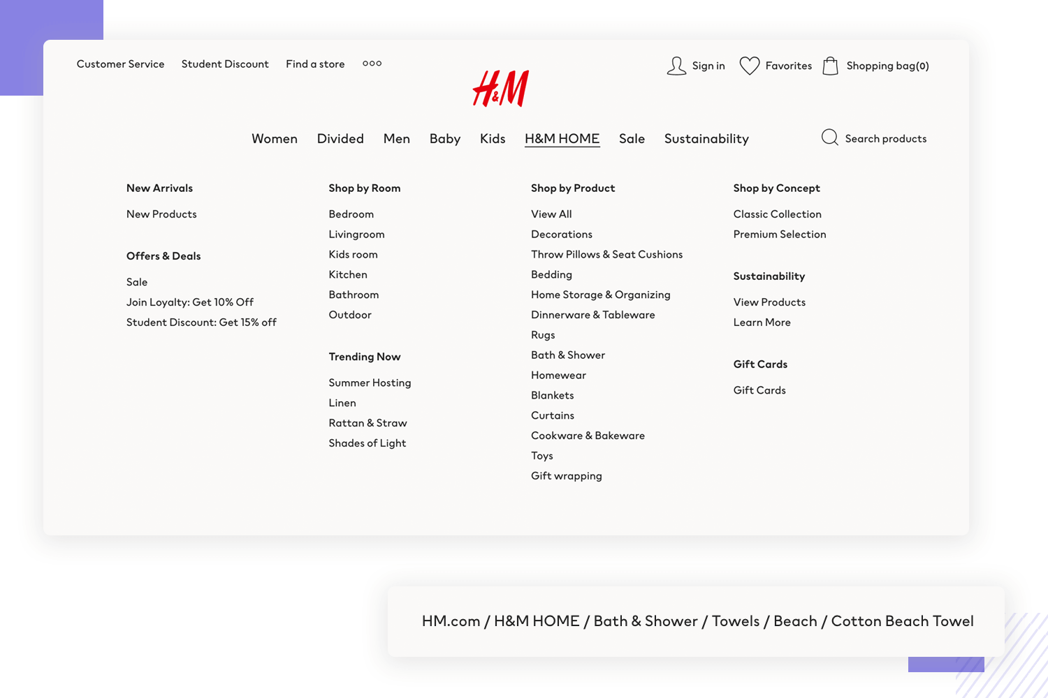 H&M as ux design example of mega menu navigation