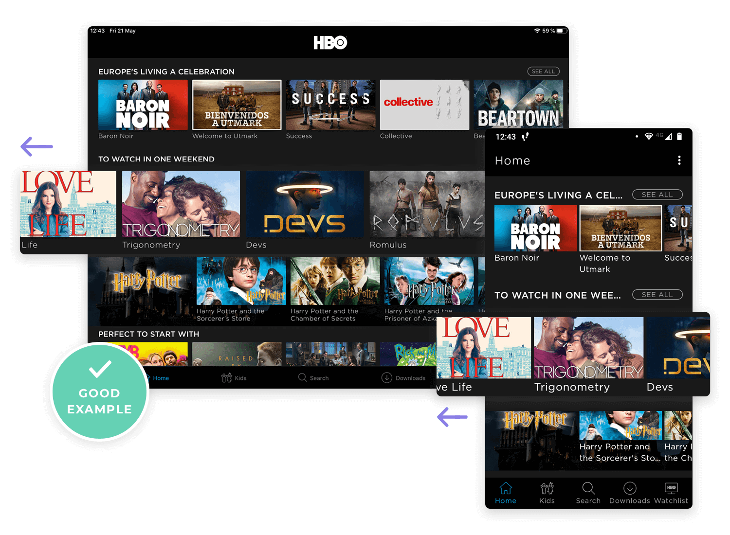 HBO app interface displaying a well-structured carousel design and intuitive navigation as a good UX example