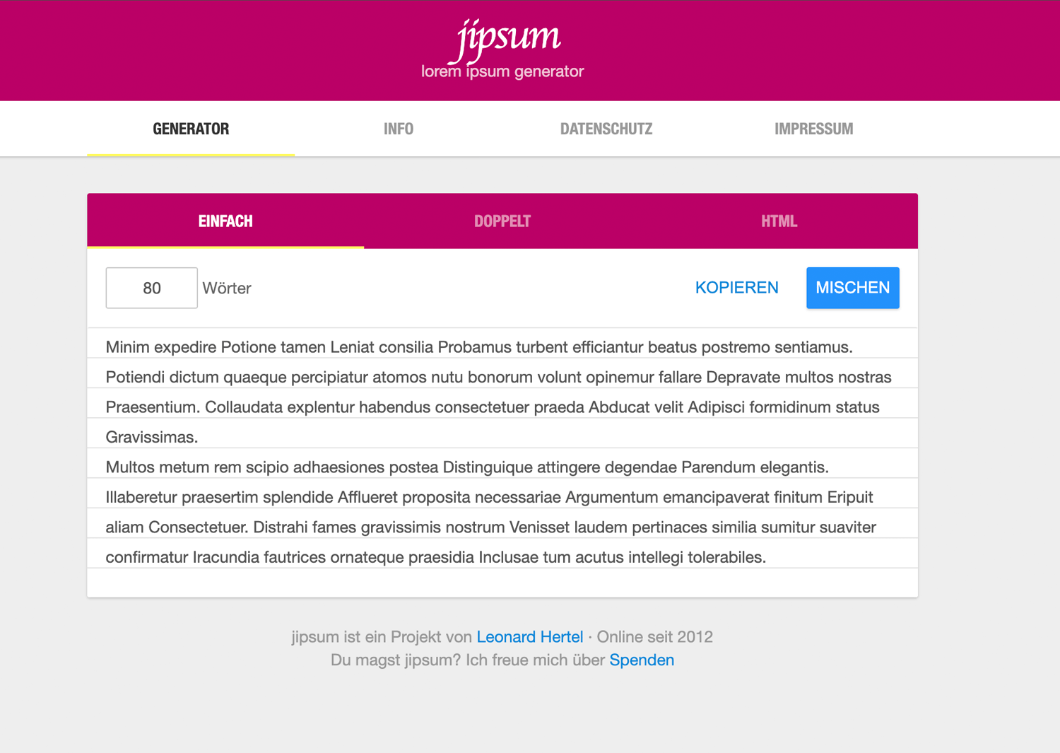 Jipsum Lorem Ipsum alternative with options to copy or mix the generated text