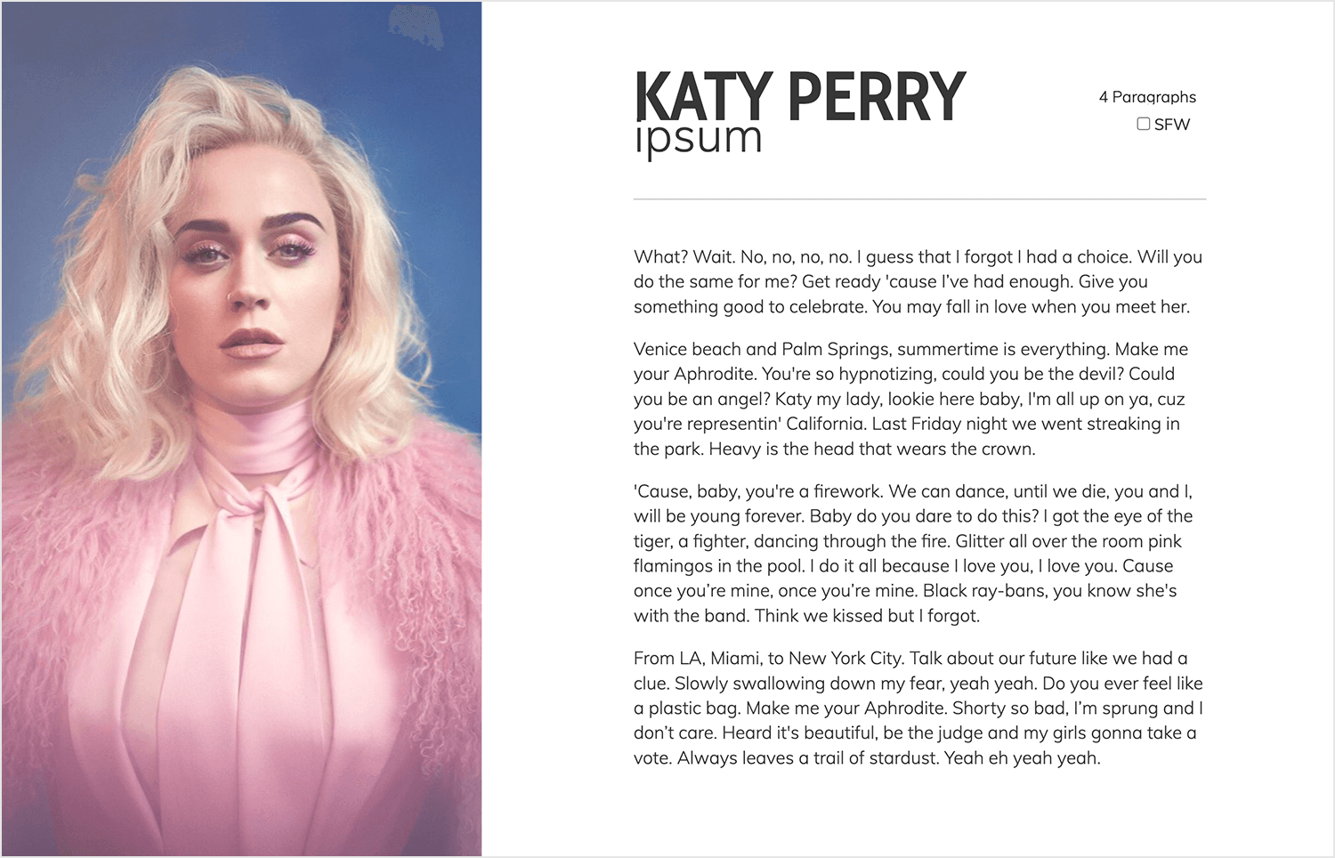 Katy Perry Lorem Ipsum alternative with lyrics and phrases from Katy Perry's songs