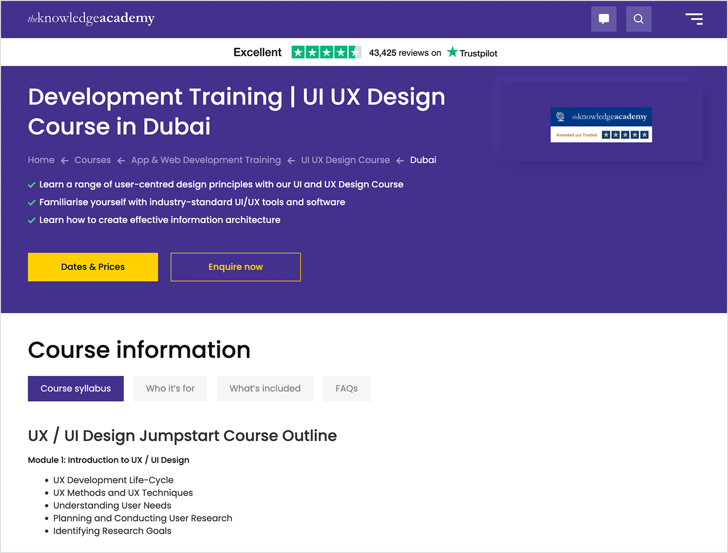 UI/UX Design course information page from Knowledge Academy, Dubai.