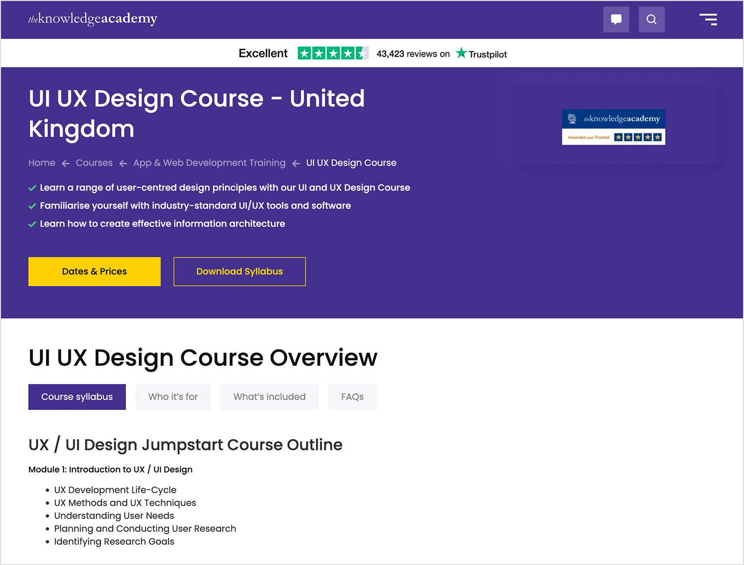 UI/UX Design Course overview from The Knowledge Academy website