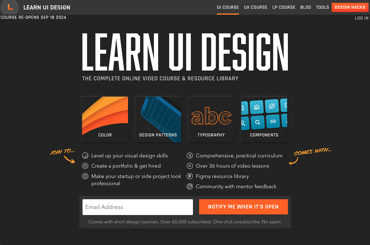 Online UI design bootcamp, offering a complete video course and resource library