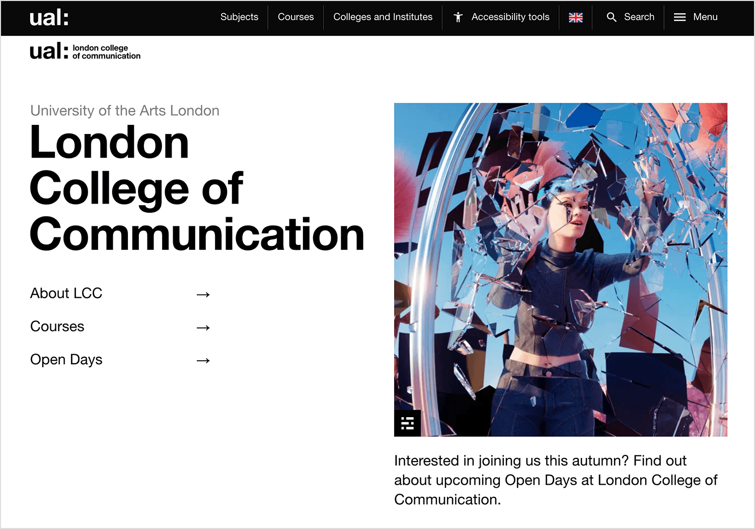 London College of Communication website featuring UI/UX design courses