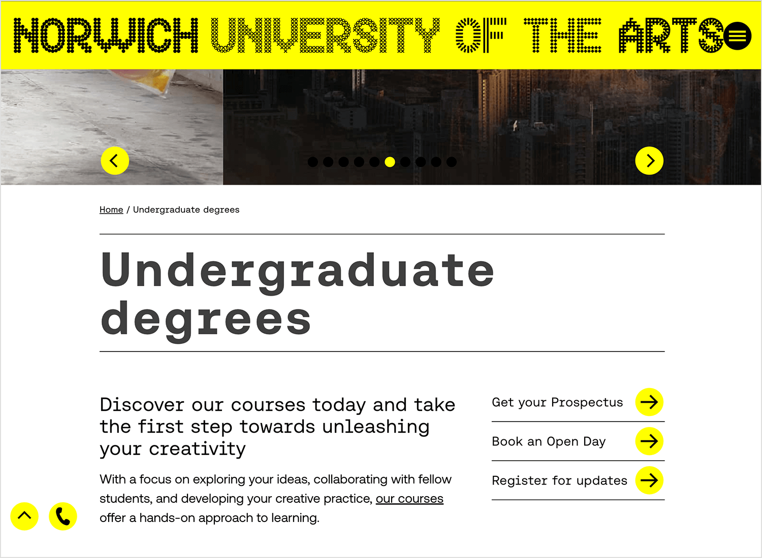 Norwich University of the Arts homepage highlighting creative undergraduate degrees and hands-on learning