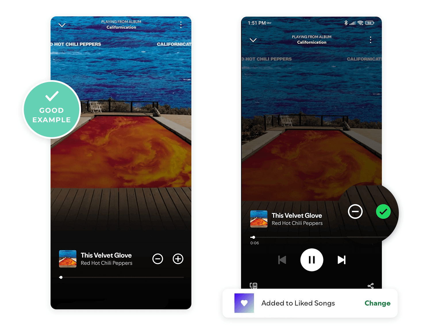 Spotify app with clean playback and song added confirmation, showcasing good UX design