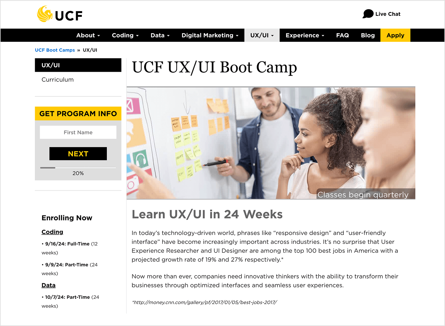 UCF UX/UI Bootcamp with 24-week program focused on teaching UX and UI design skills