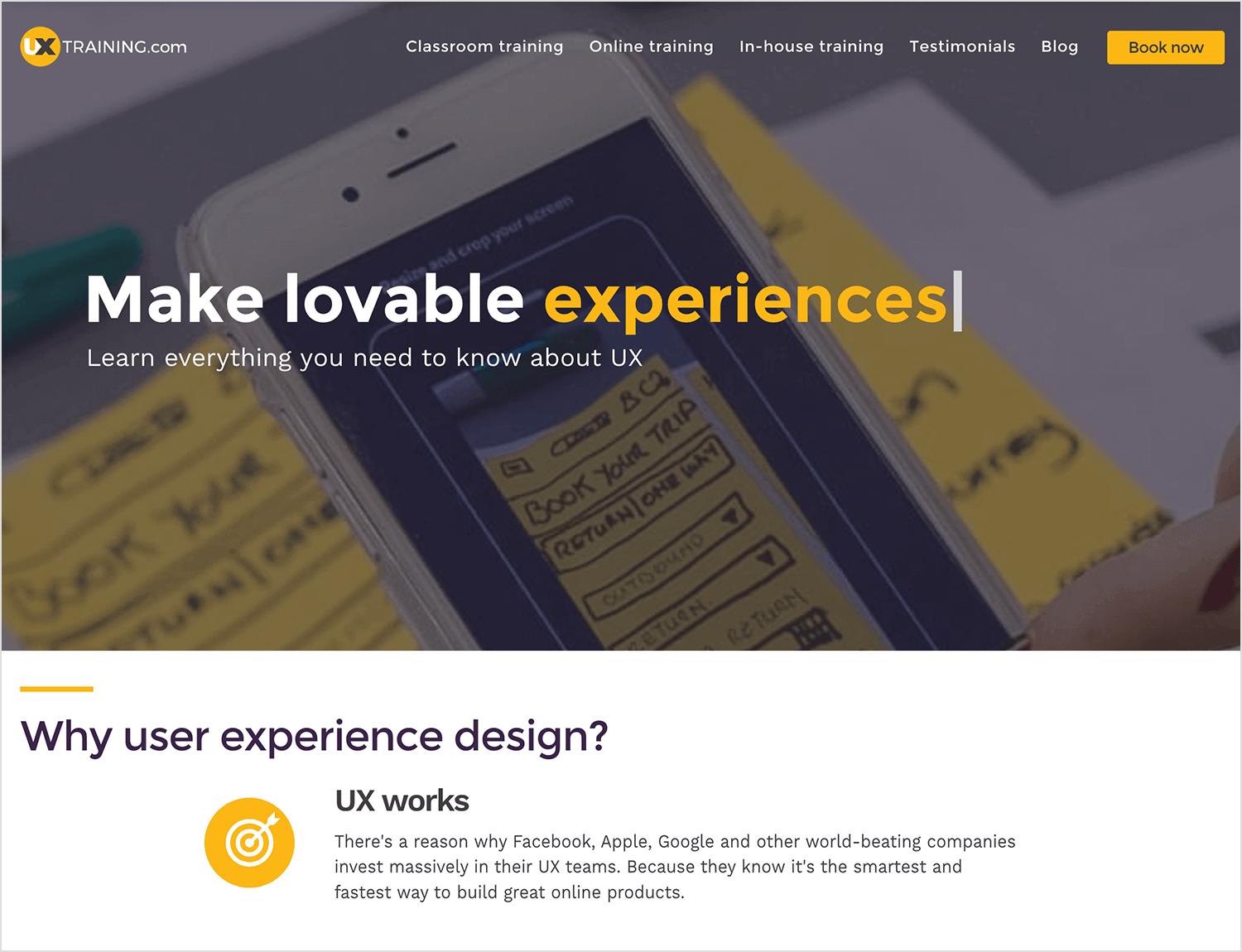 UX Training website highlighting courses on creating user-friendly UX.