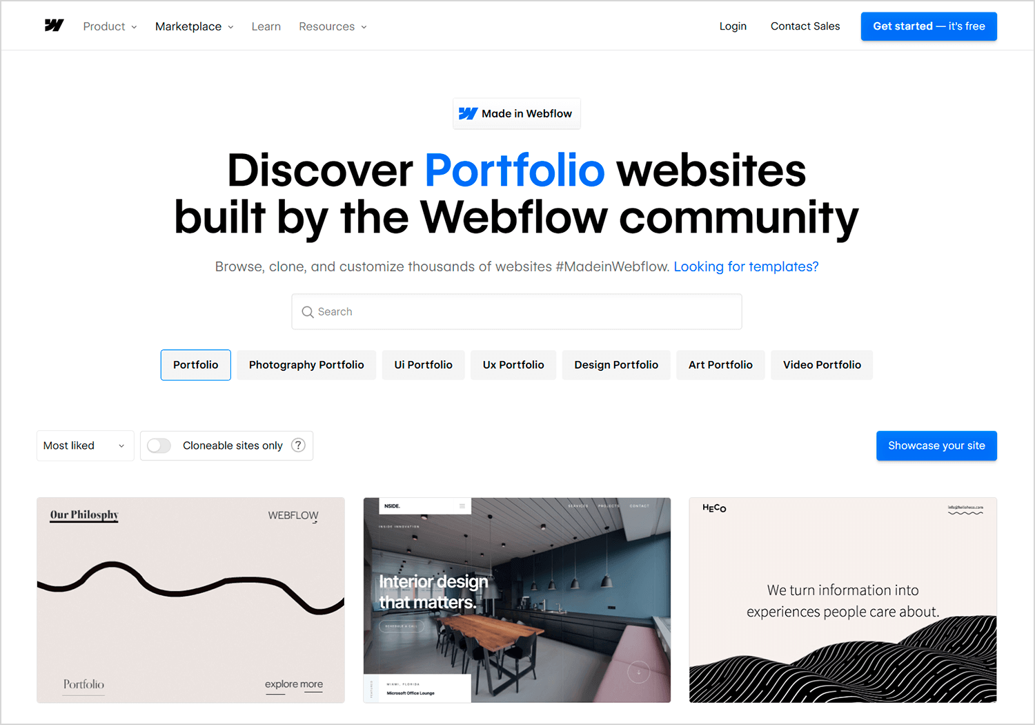 Webflow platform showcasing portfolio websites created by the community with options to browse, clone, and customize