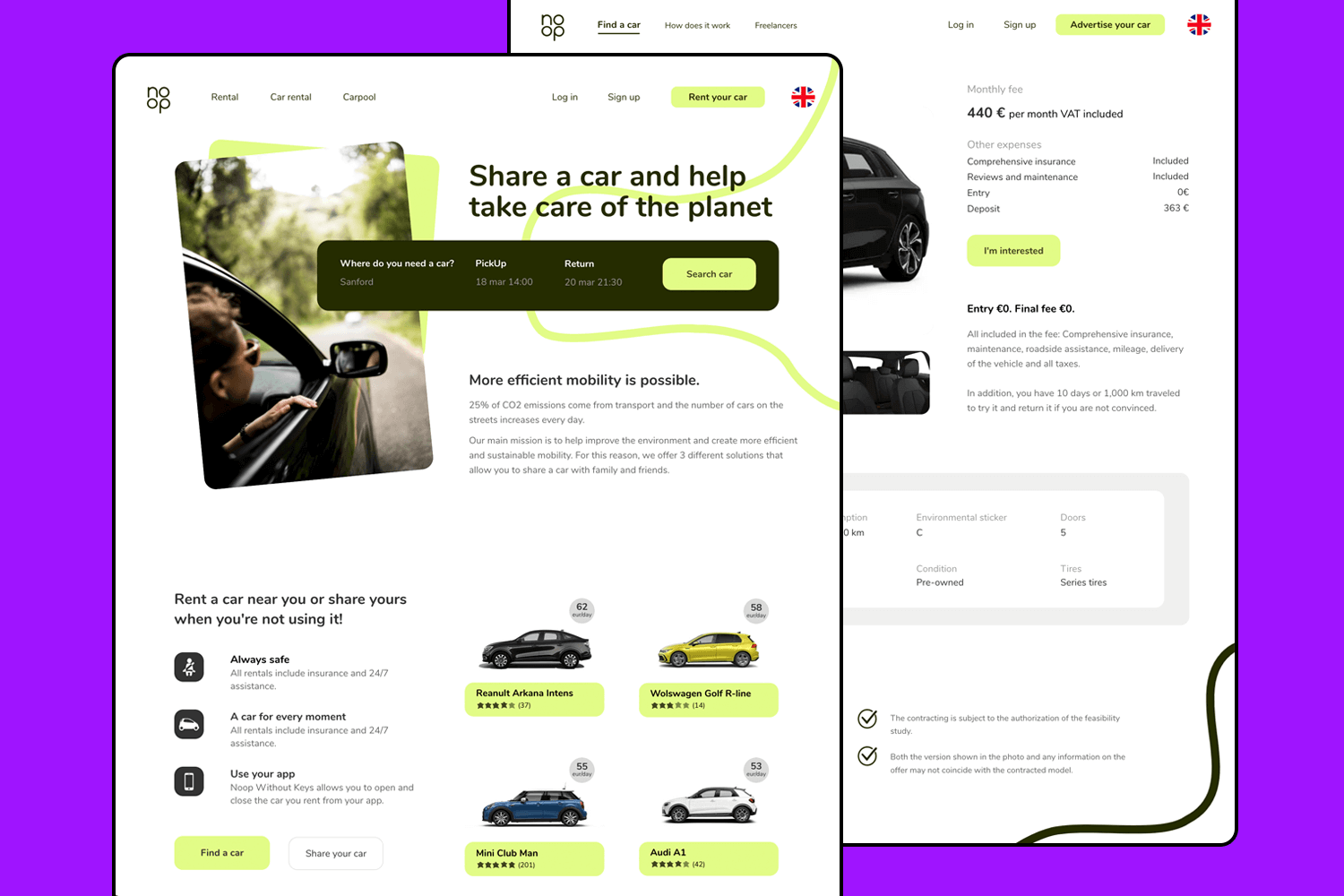 UI design example of a car rental website with a focus on eco-friendly options