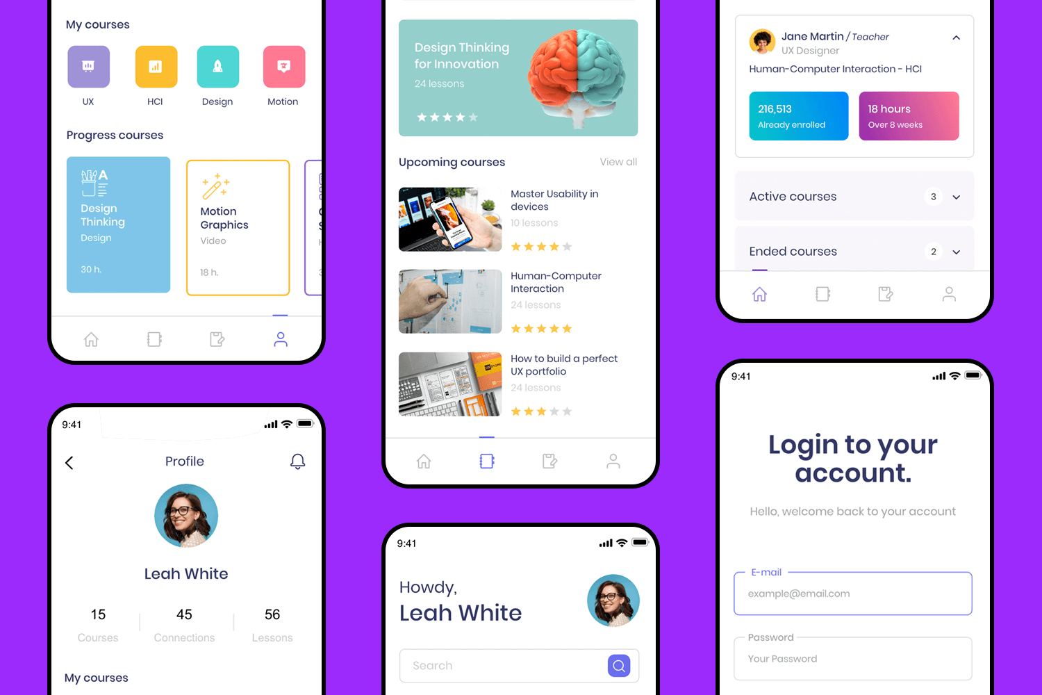 UI design example for a distance learning app, highlighting course progress, upcoming lessons, and user profile management.