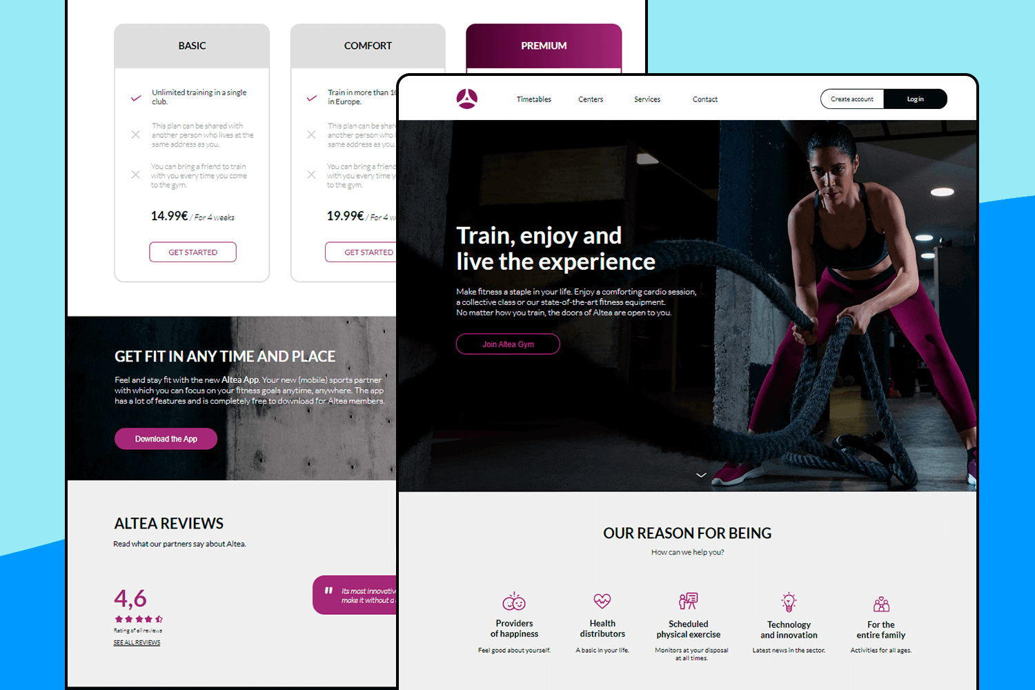 Modern fitness website UI example with a focus on membership plans, reviews, and easy access to app downloads