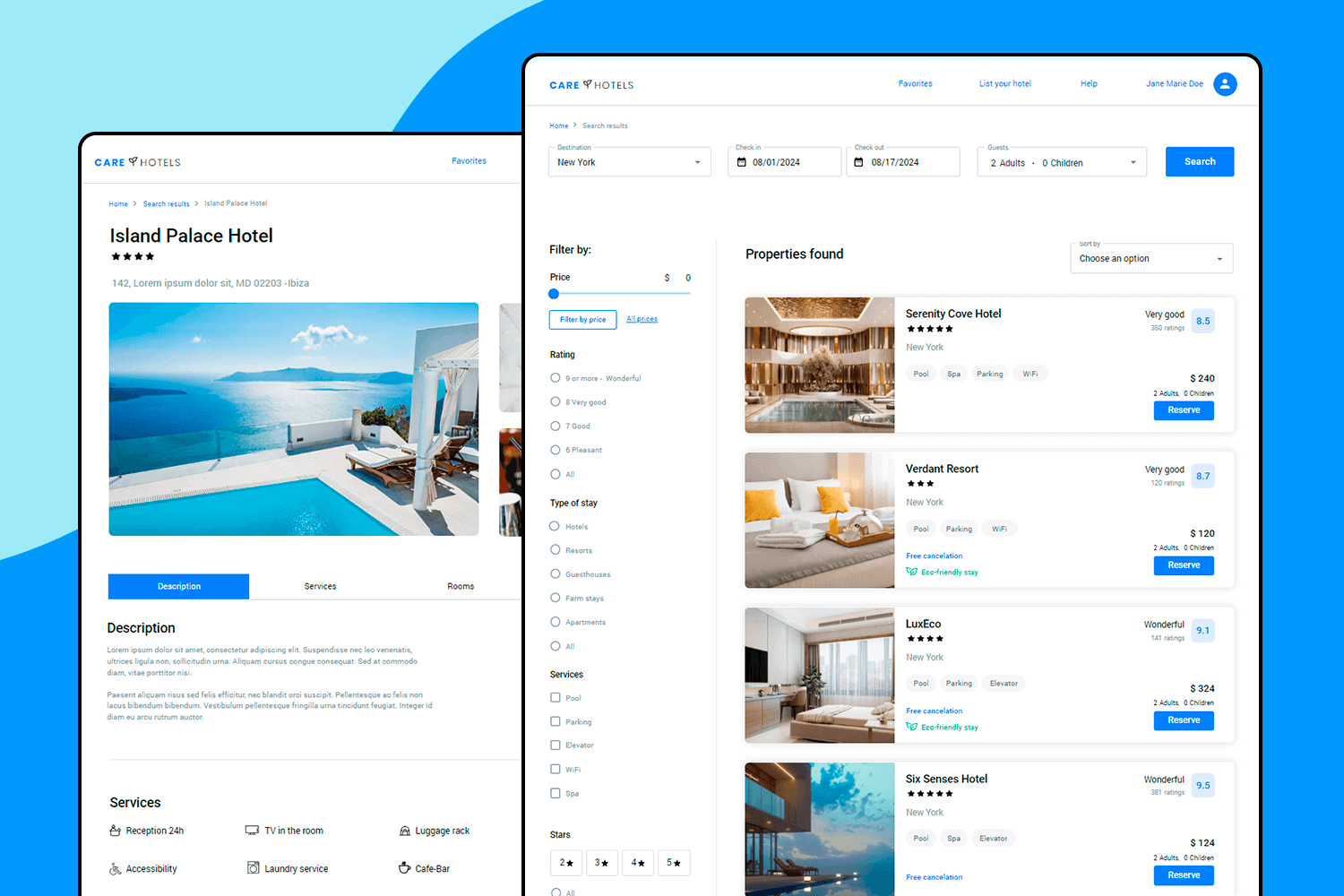 UI design example of a hotel booking interface with property listings and filter options