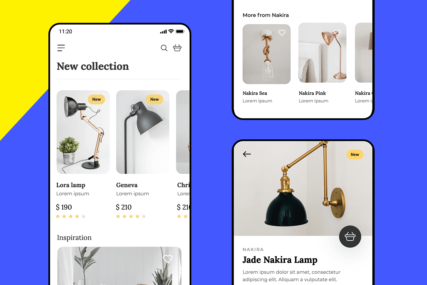 A clean and modern UI design example for a lamp eCommerce app, showcasing a new collection with detailed product listings, descriptions, and pricing