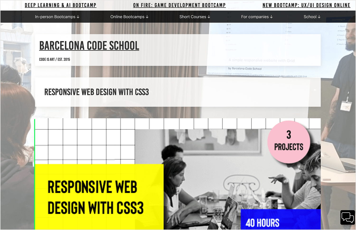 Barcelona Code School webpage promoting responsive web design with CSS3 bootcamp