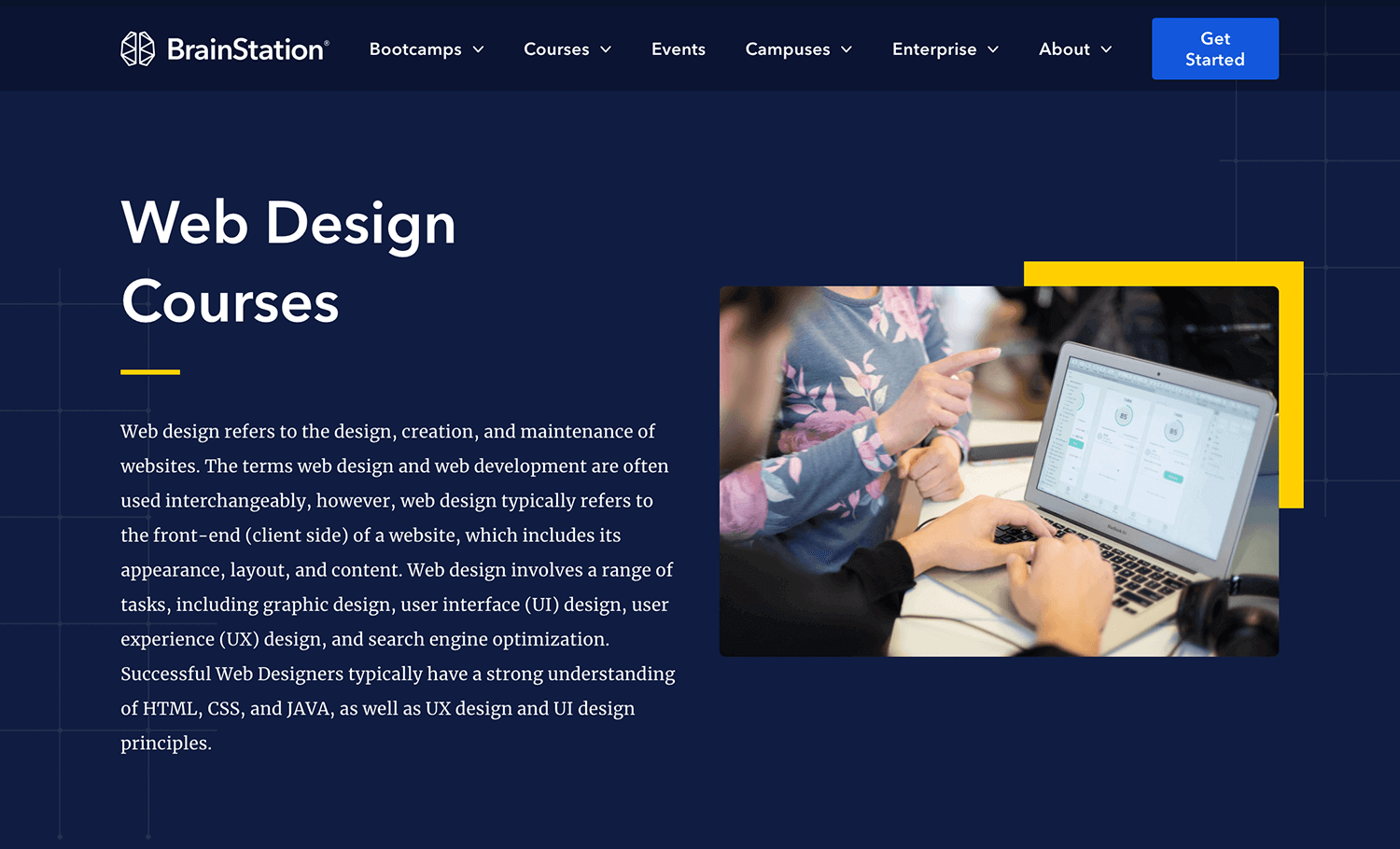 BrainStation web design courses page highlighting front-end development and UX/UI design skills