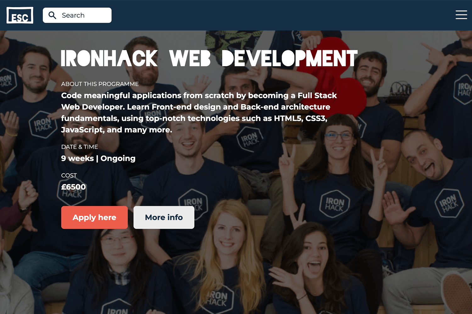 Ironhack web development bootcamp page promoting full stack development course.