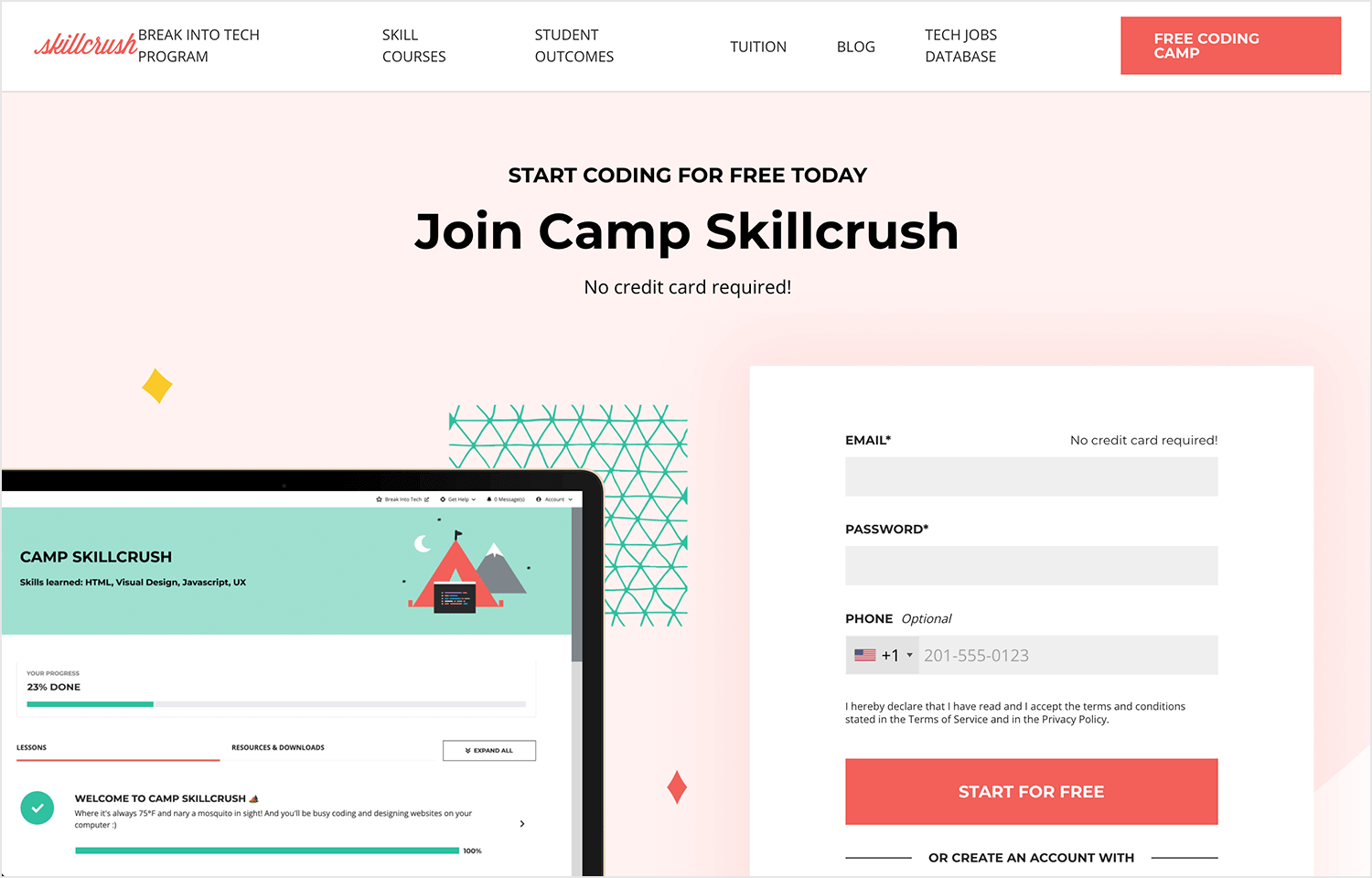 Skillcrush coding camp sign-up page with a progress tracker and free coding offer, no credit card required