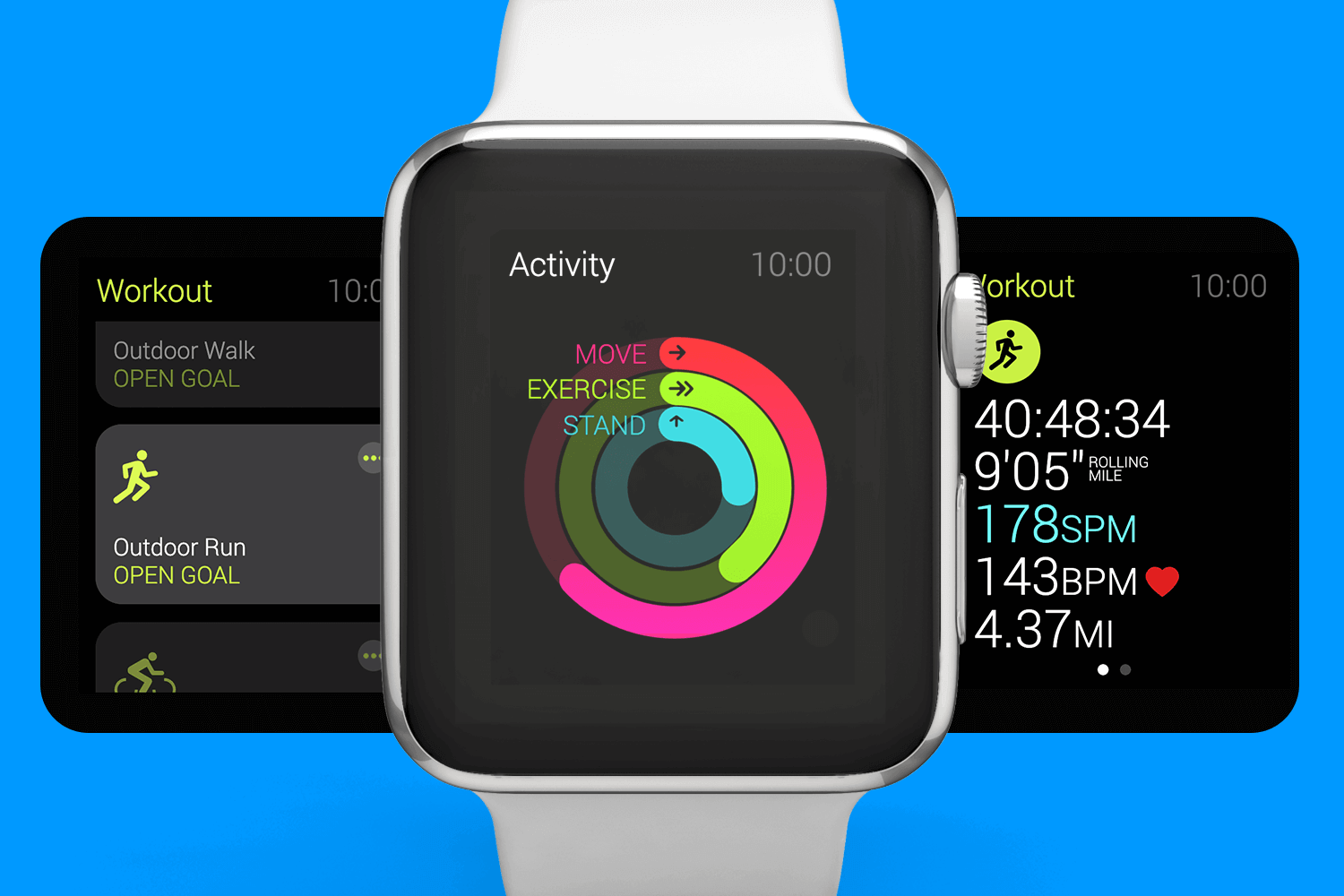 Apple Watch fitness app template displaying activity rings and workout stats