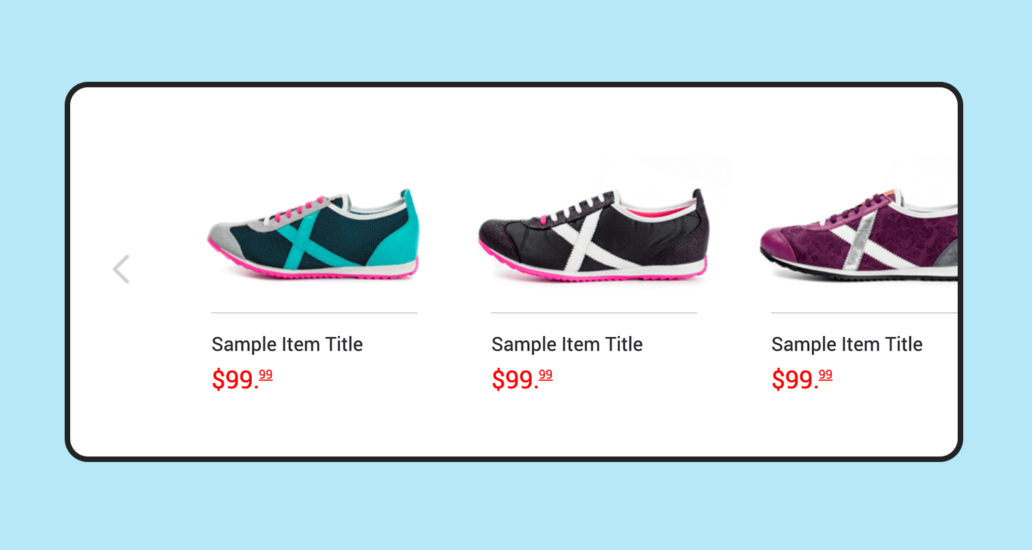 Product carousel showcasing different styles of sneakers with prices