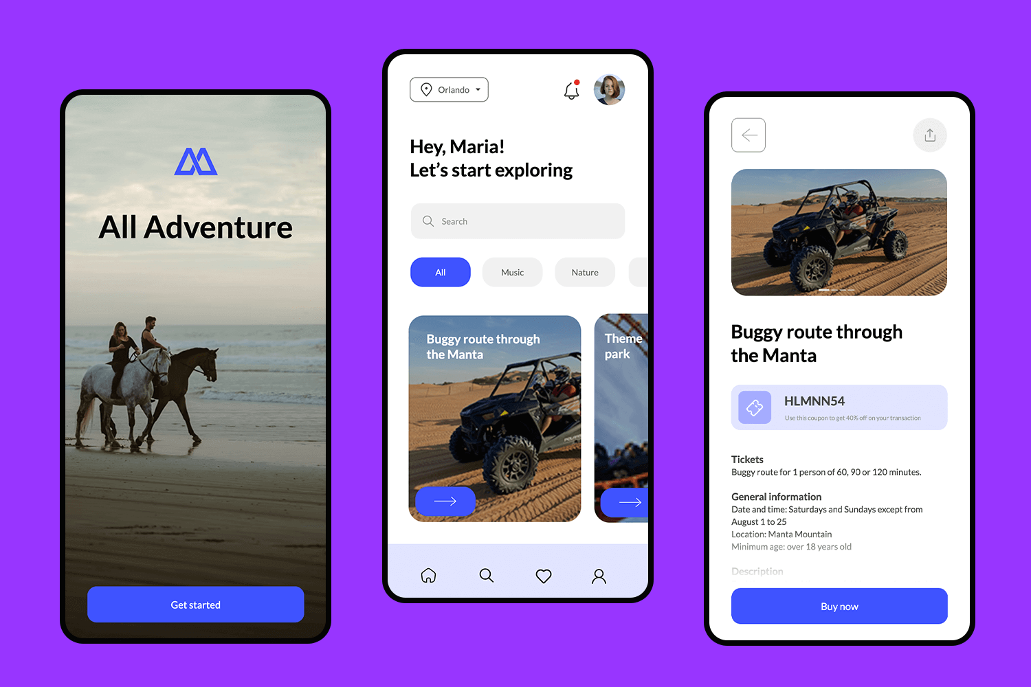 Adventure booking app with options for various activities and detailed event information