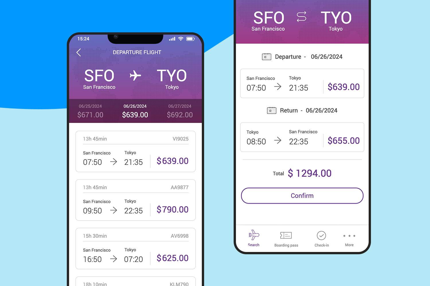 Flight booking app template showing flight details from San Francisco to Tokyo with prices