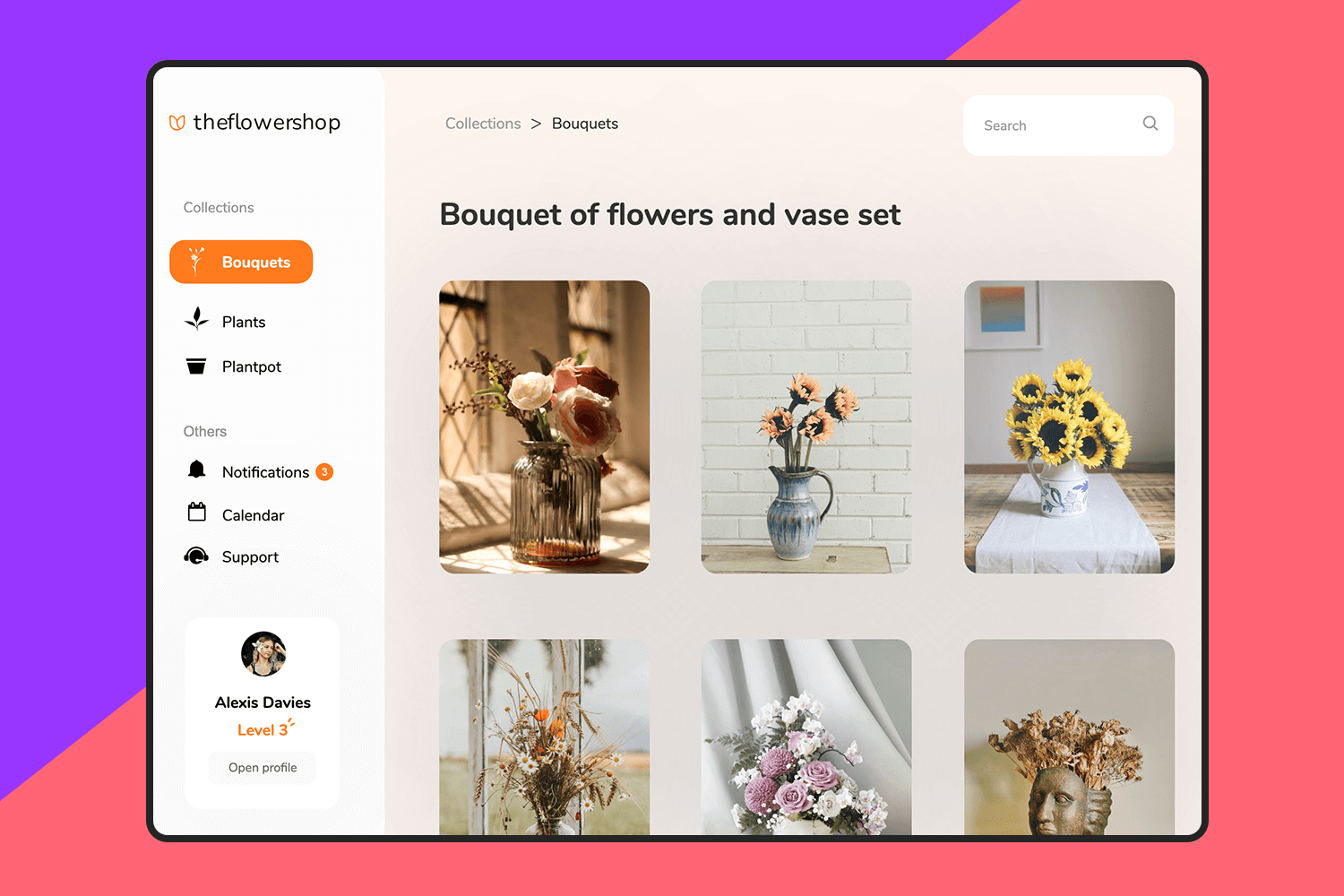 Flower bouquet online store template with collections and user profile