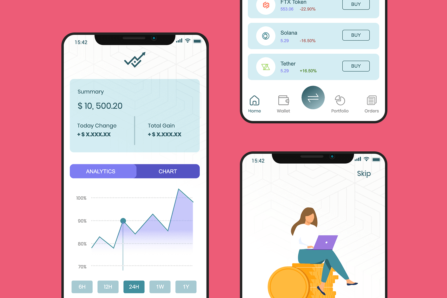 Investment app showing portfolio summary, cryptocurrency prices, and trading options