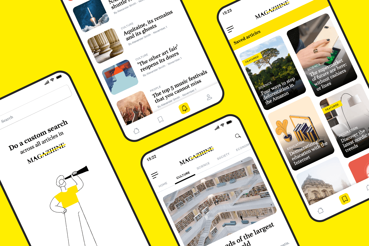 Magazine app design template with search, article list, and saved articles screens