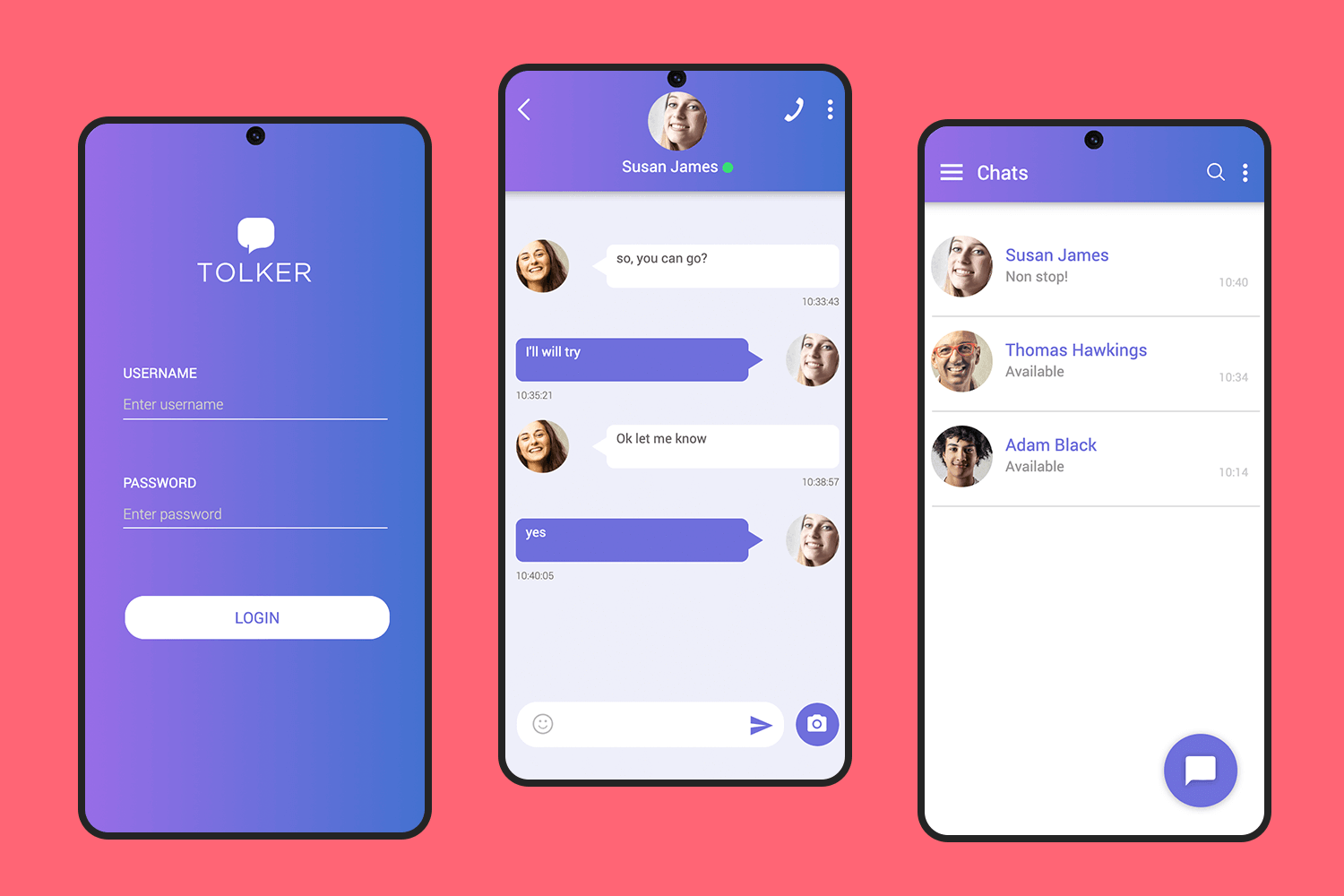 Login and chat screens from a messaging app template with user profiles and conversations