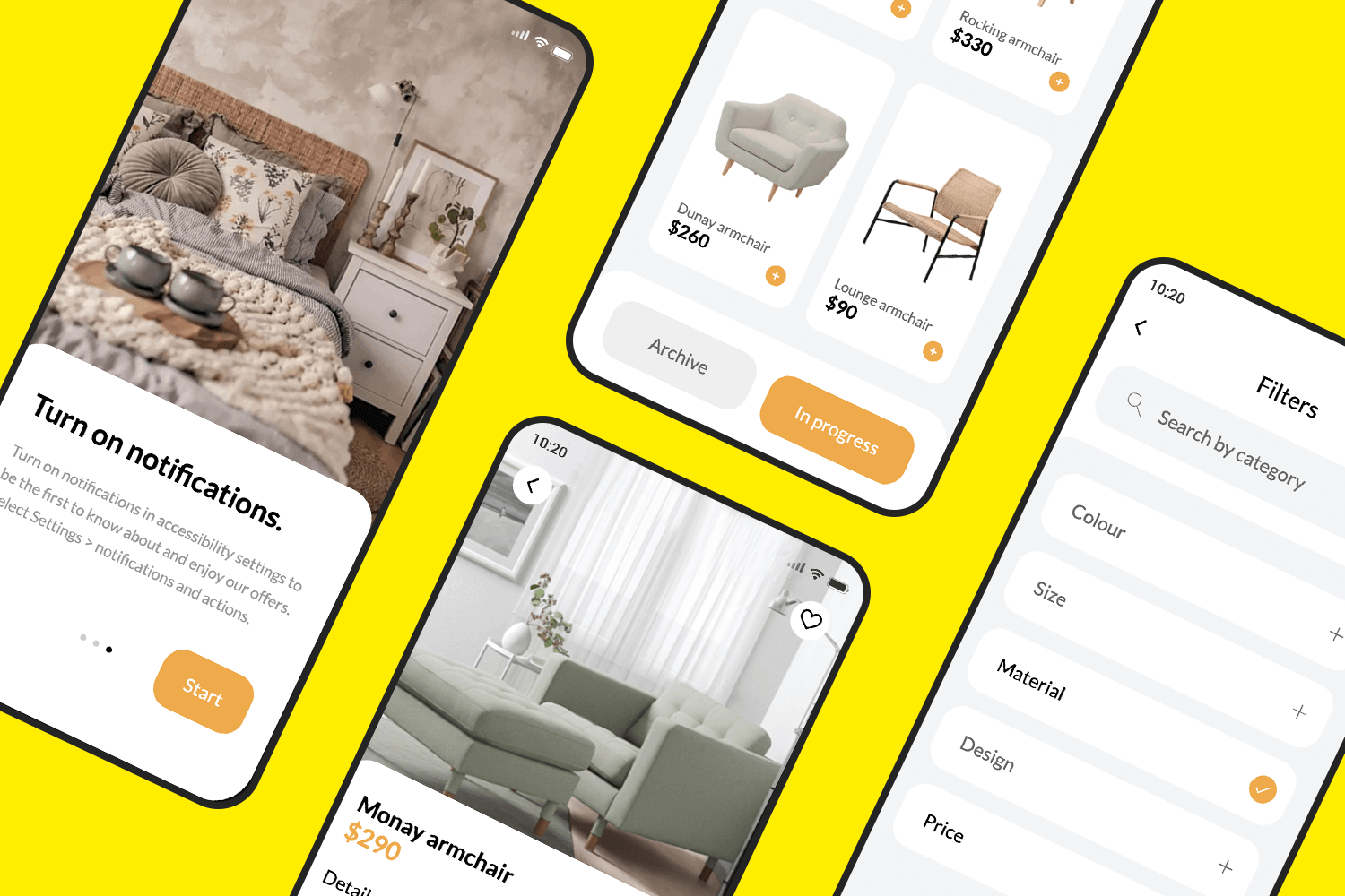 Mobile store app showcasing furniture products, notification settings, and filter options