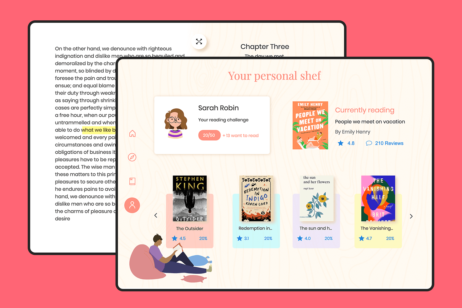 Online library reader template with a personalized shelf and current reading section