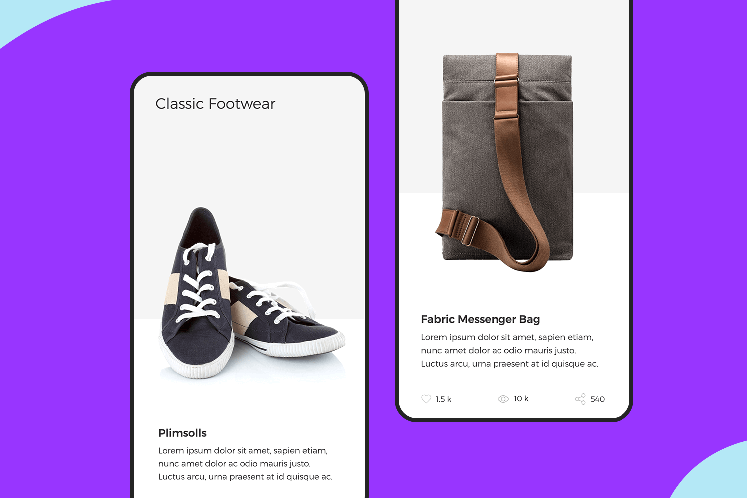 Product transitions app template showcasing classic footwear and a fabric messenger bag