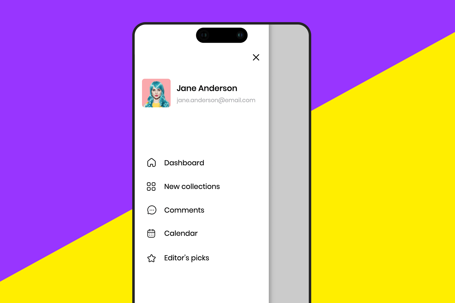 Slide menu template with user profile and navigation options
