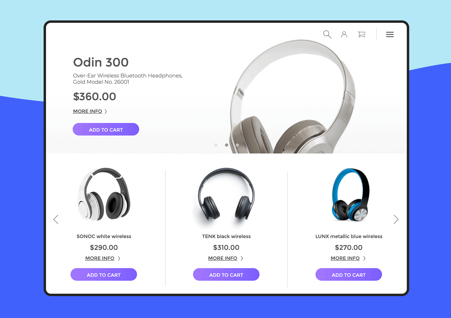 Online store app template showcasing headphones with product details and add-to-cart buttons