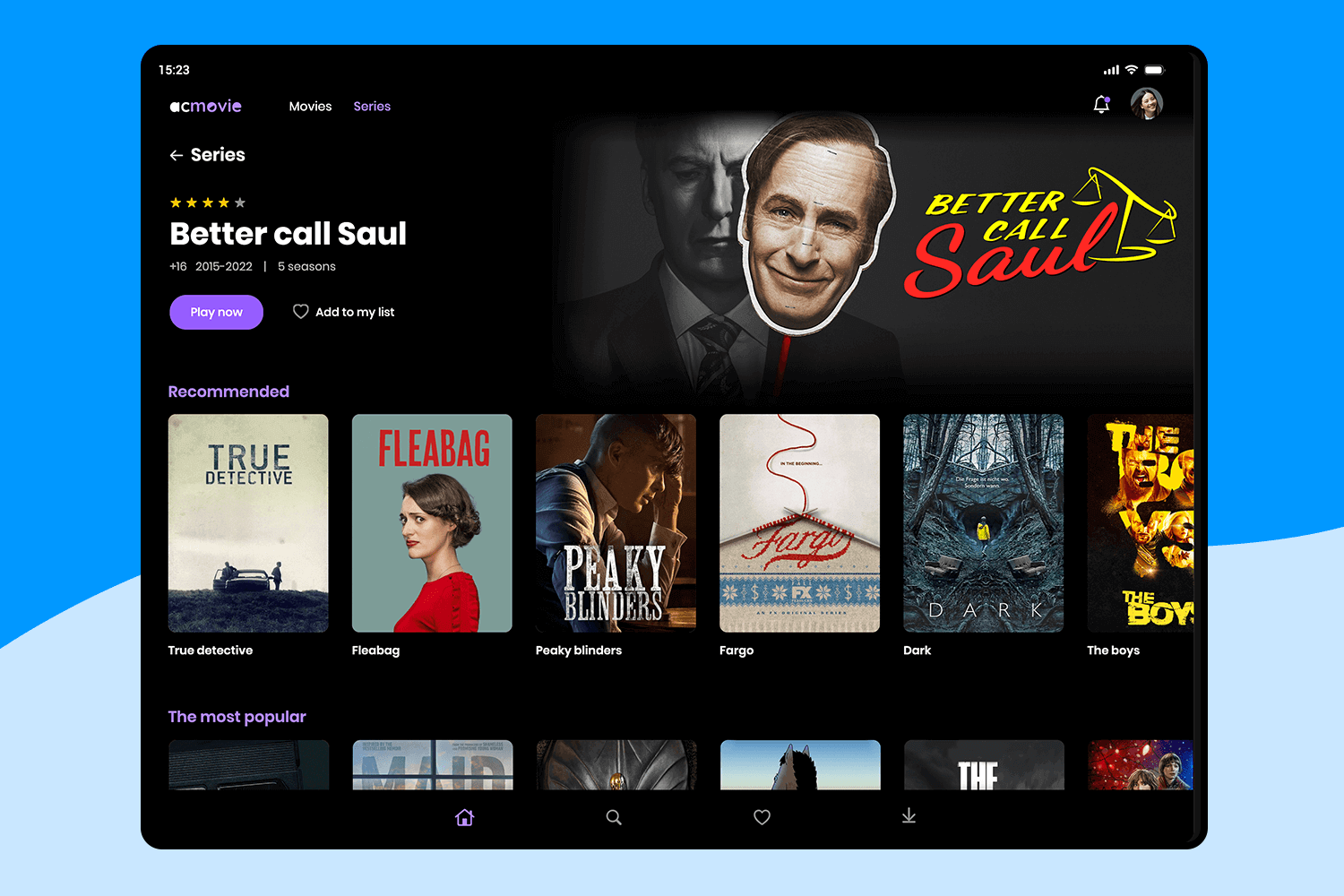 Tablet app template for video streaming with simple navigation and recommended shows