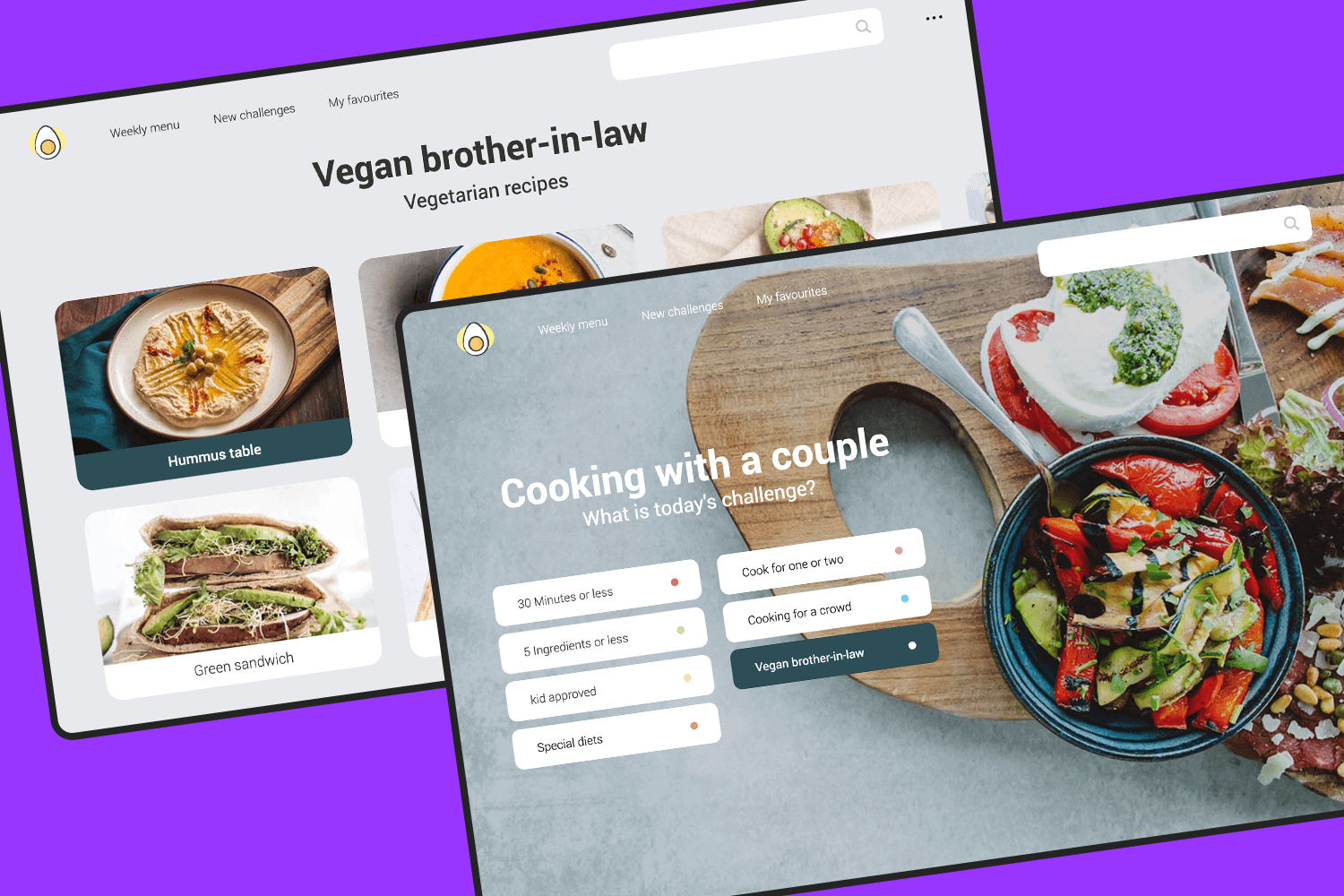 Vegan cooking app template with recipe categories and challenges