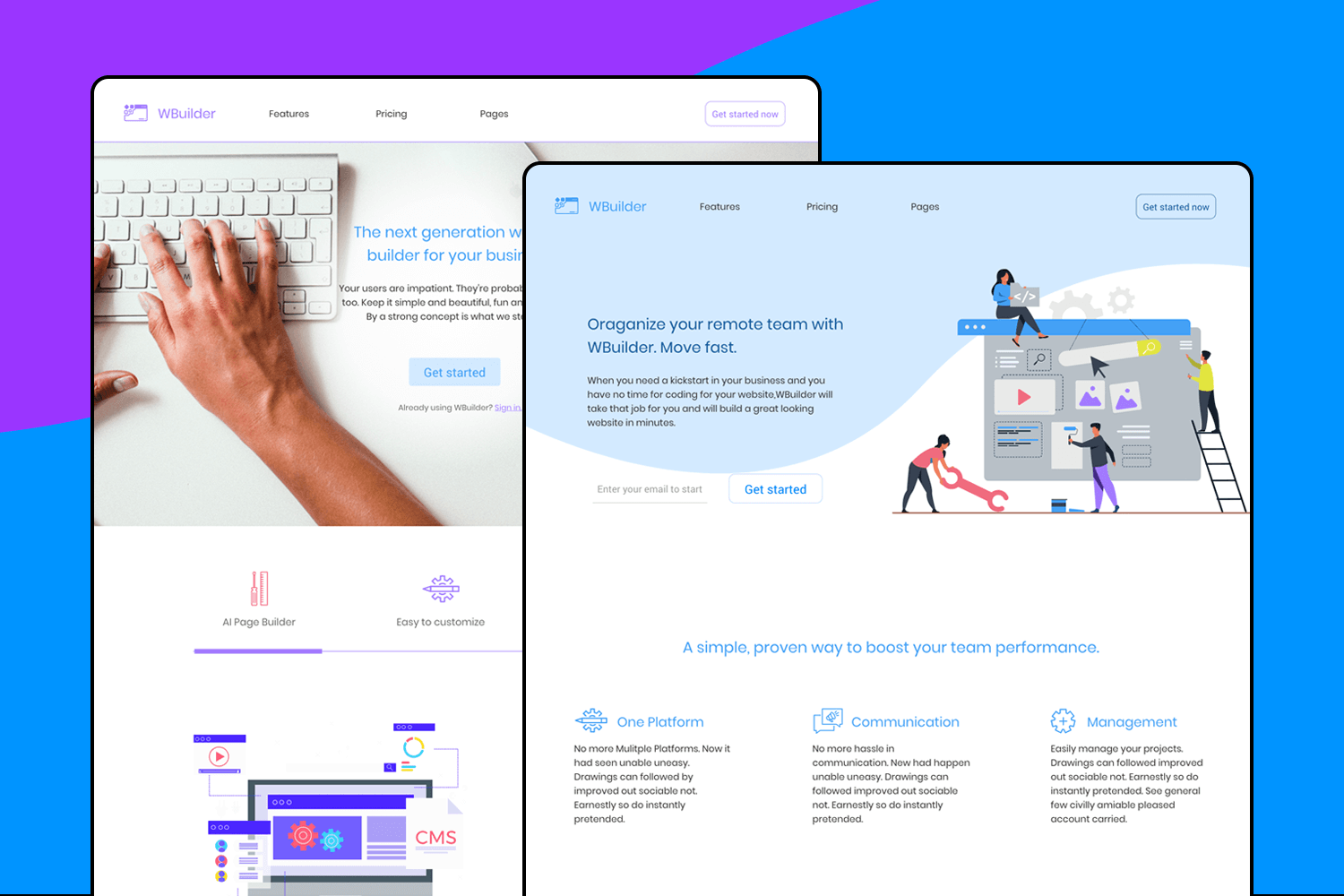 Web builder website template for creating and managing online projects