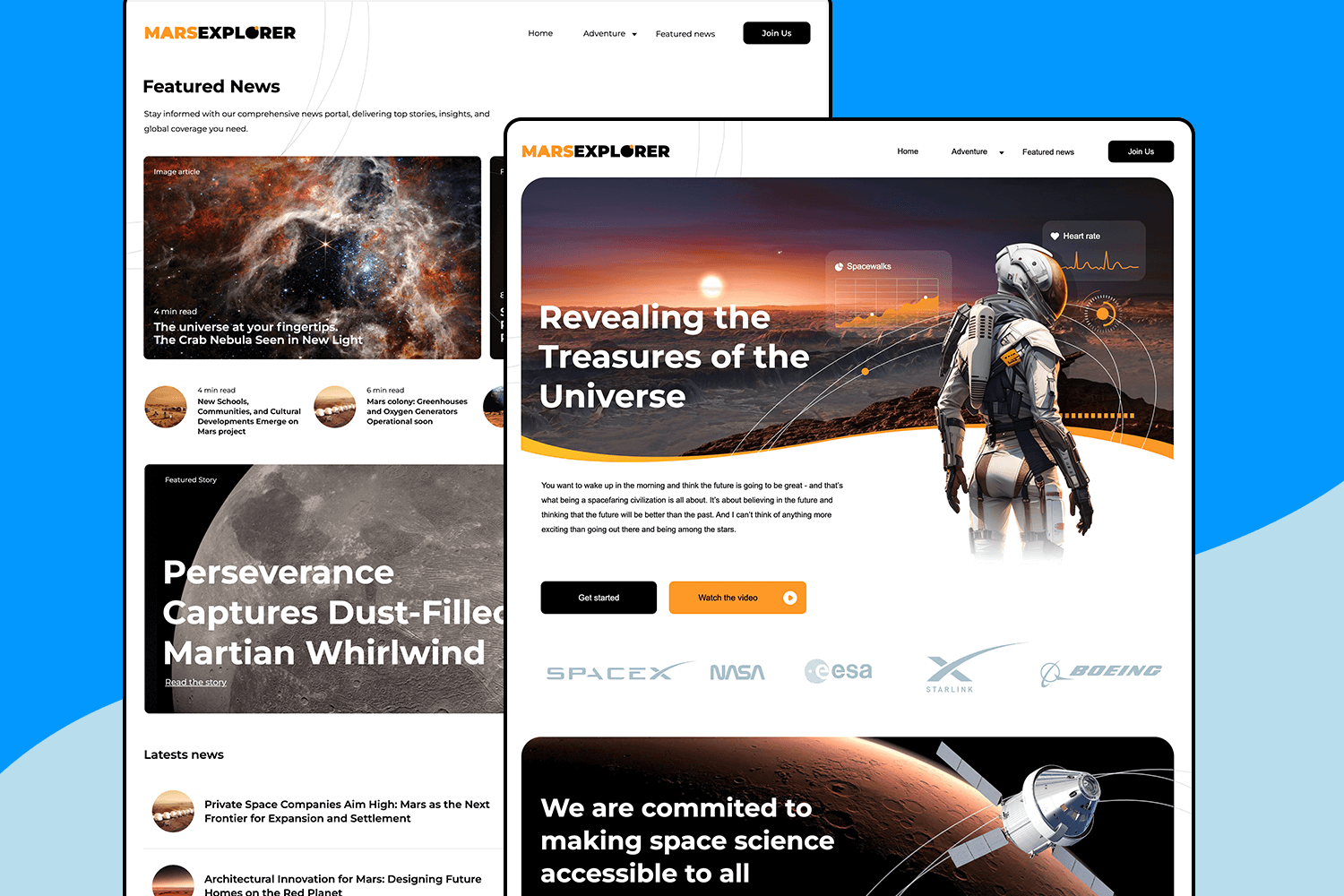 Mars exploration website featuring space missions and latest news