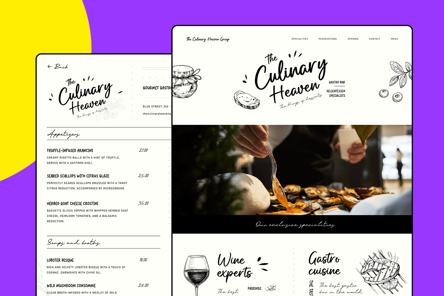 Restaurant website featuring menu items and culinary specialties