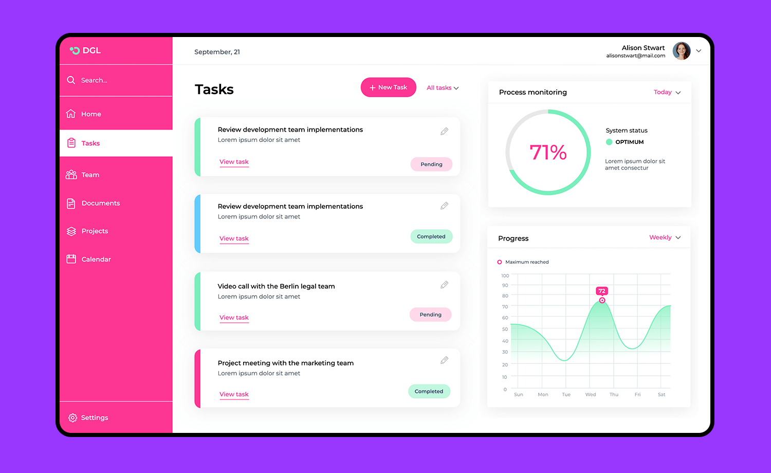 Task management dashboard with vertical navigation and progress tracking
