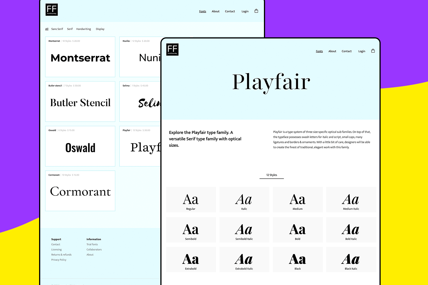 Type foundry website showcasing various font styles and details