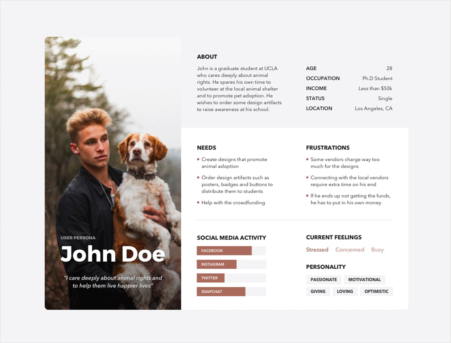 User persona template for John Doe, an animal rights activist, detailing motivations, challenges, and potential business assistance.