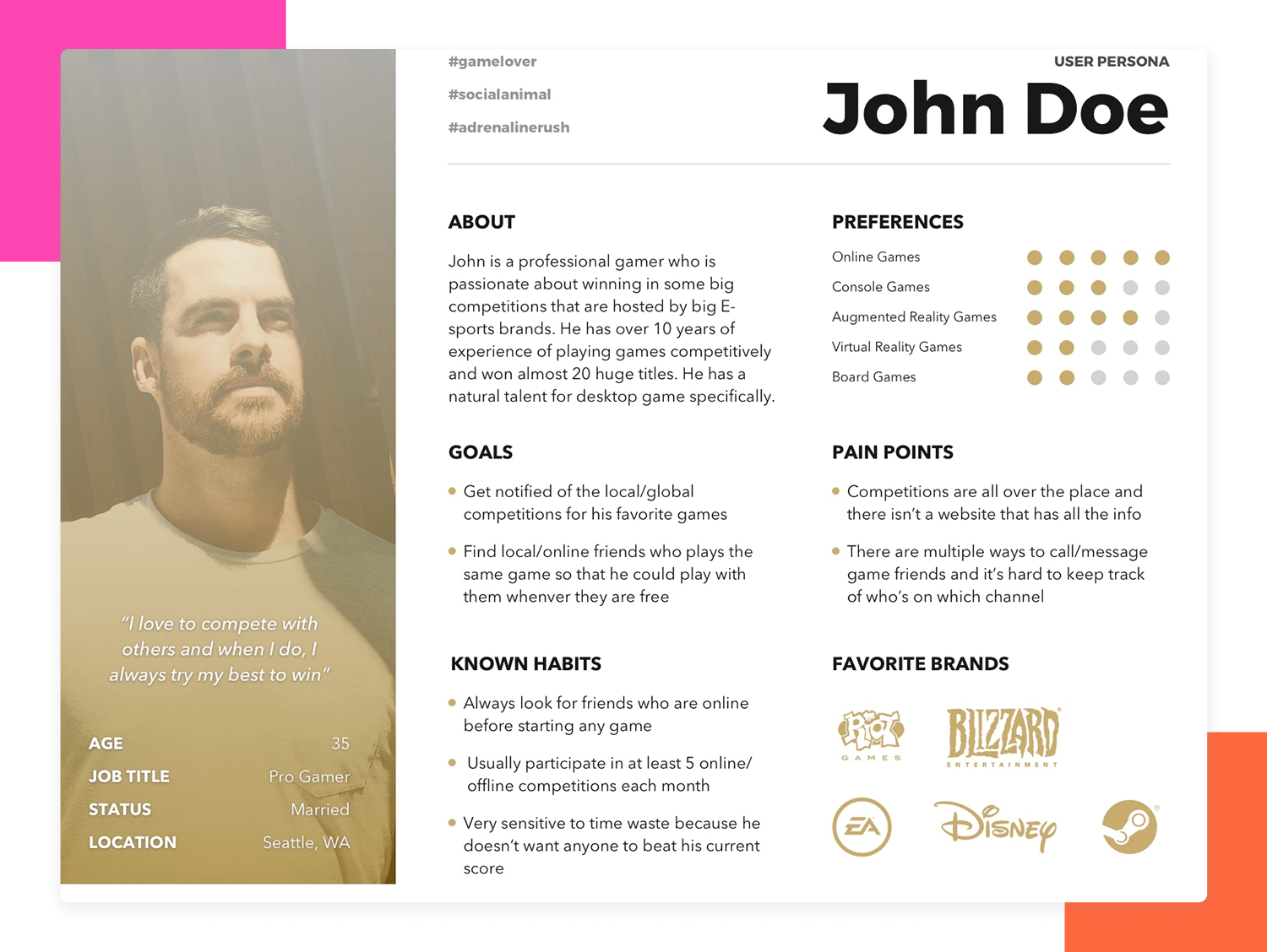 Online gamer user persona template example