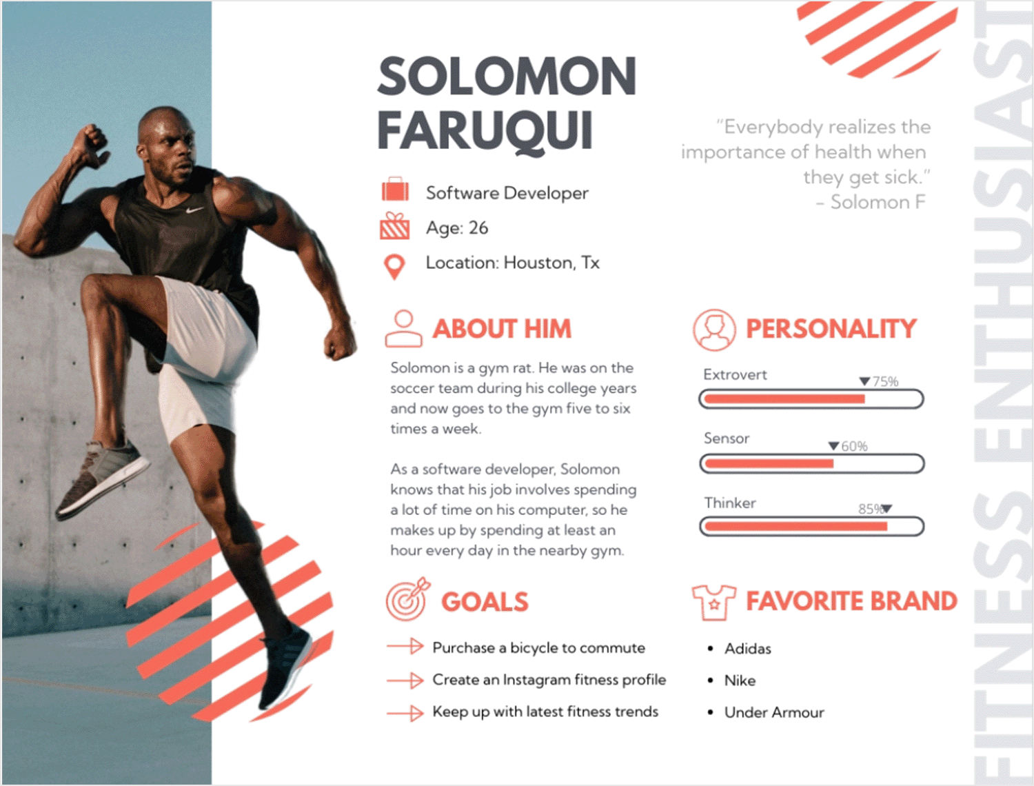 User persona template for Solomon Faruqui, showing his job as a software developer and love for fitness