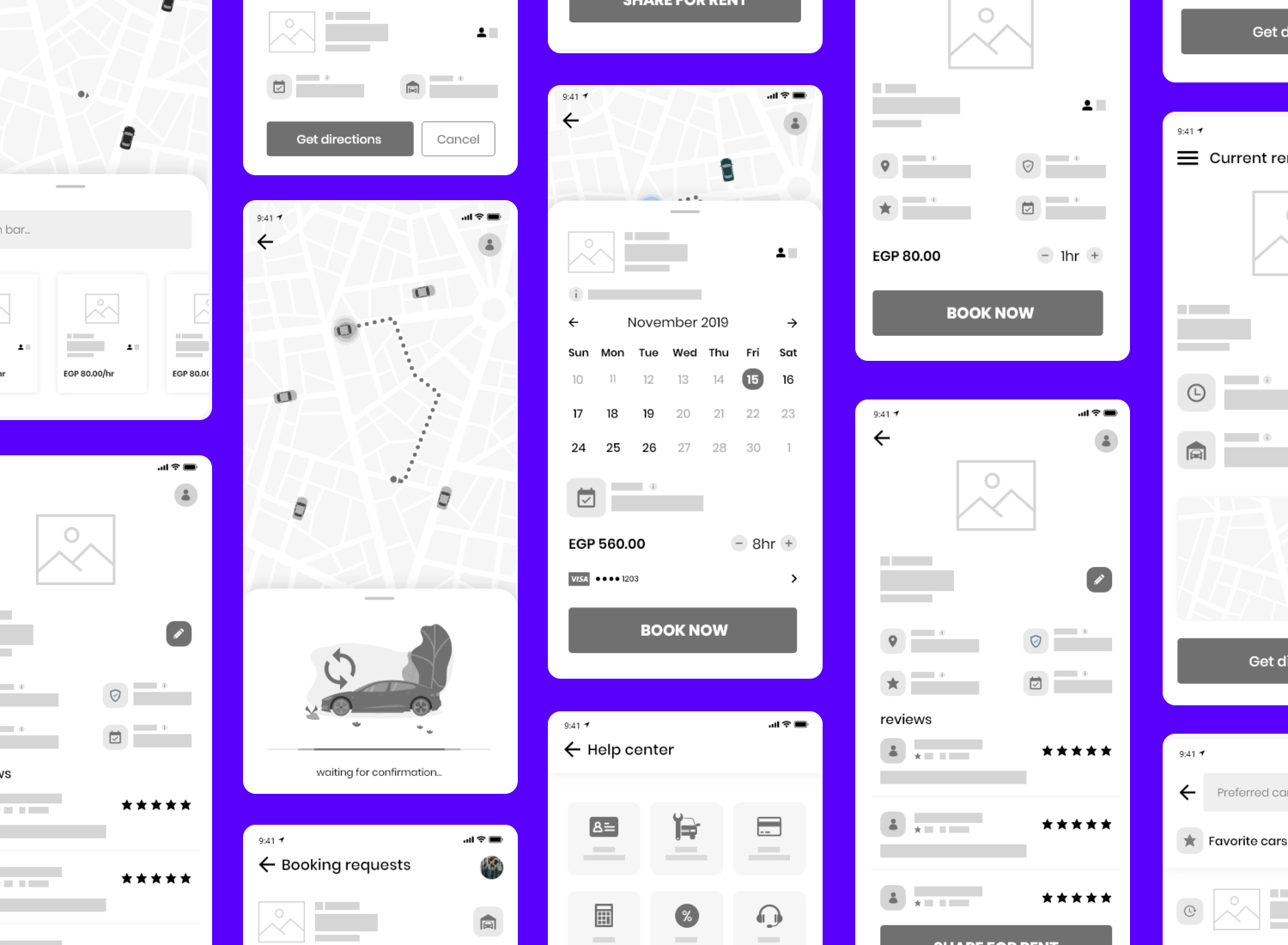 car renting mobile app wireframe example