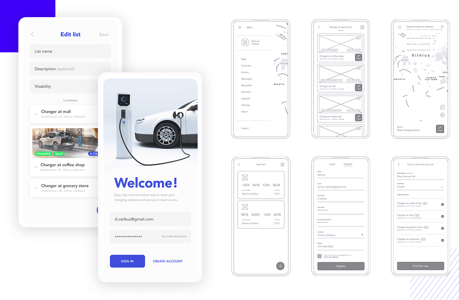 electric car charging app wireframe example