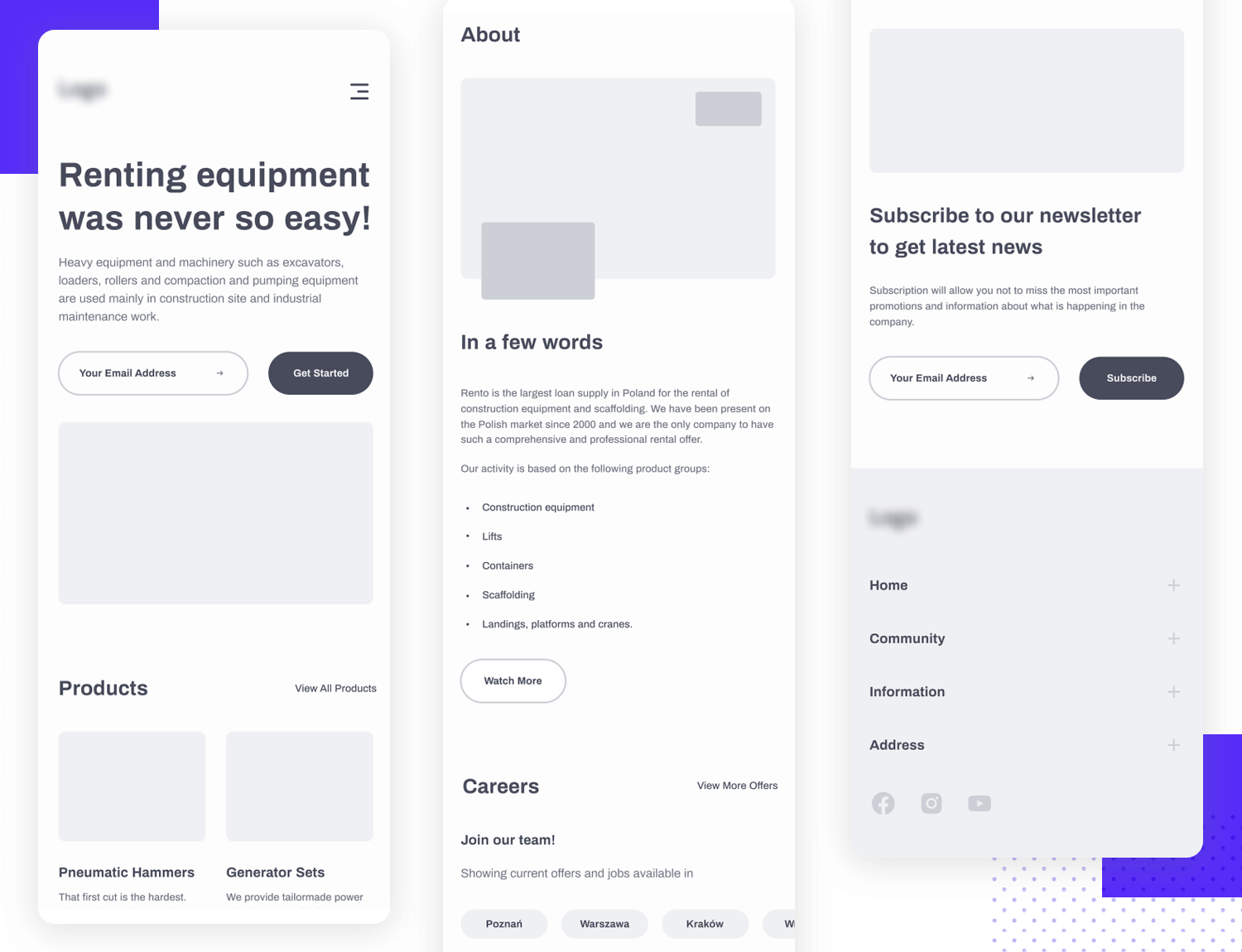 equipment renting wireframe example