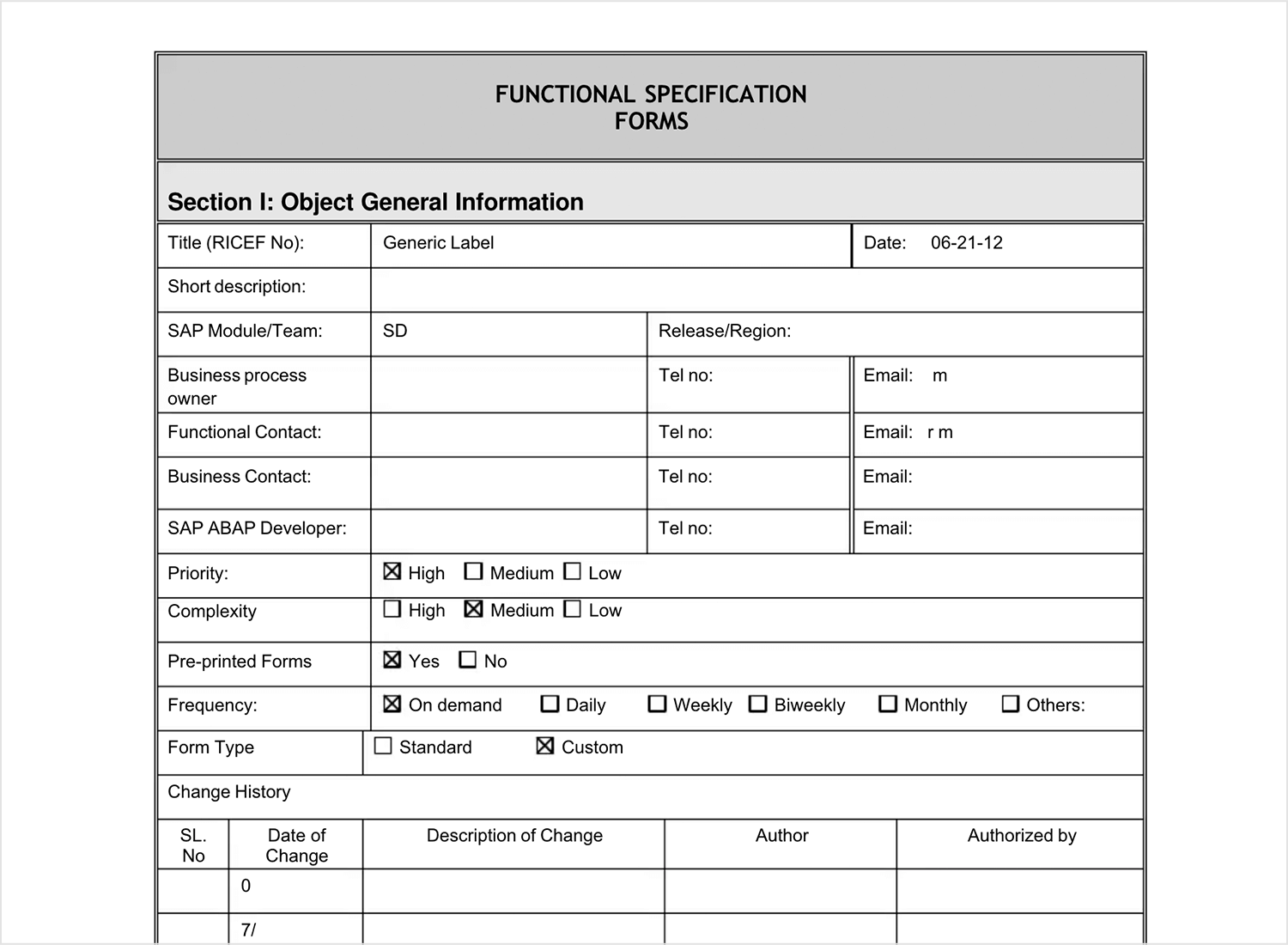 Functional specification form detailing object general information, including priority, complexity, and change history.